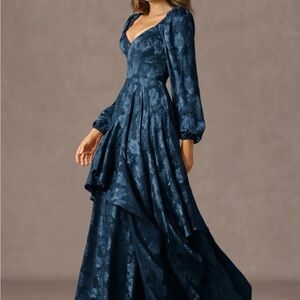 Azazie Navy Long Sleeve Floral Dress Brand New